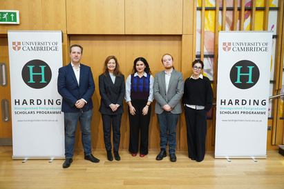 Harding Scholars Frankie Garner, Shadi Seifouri, and James Shonhard, with Vice-Chancellor Professor Deborah Prentice and James Holmes, Executive Director of the David and Claudia Harding Foundation