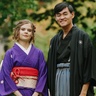 Andrew Fischer and his wife in kimono bearing the crest of House Hosokawa