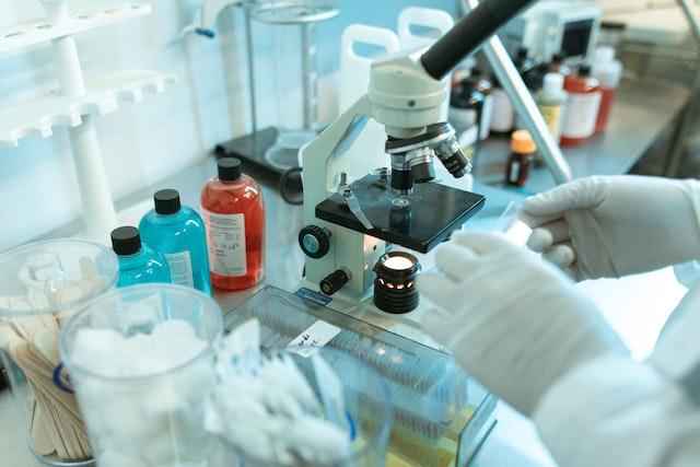 A researcher uses a microscope in a laboratory